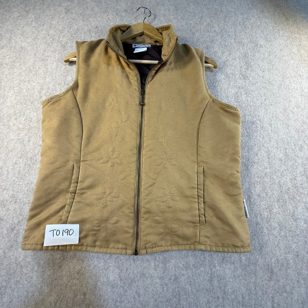 Columbia‎ Womens Tan Faux Suede Floral Embroidered Full Zip Vest Medium